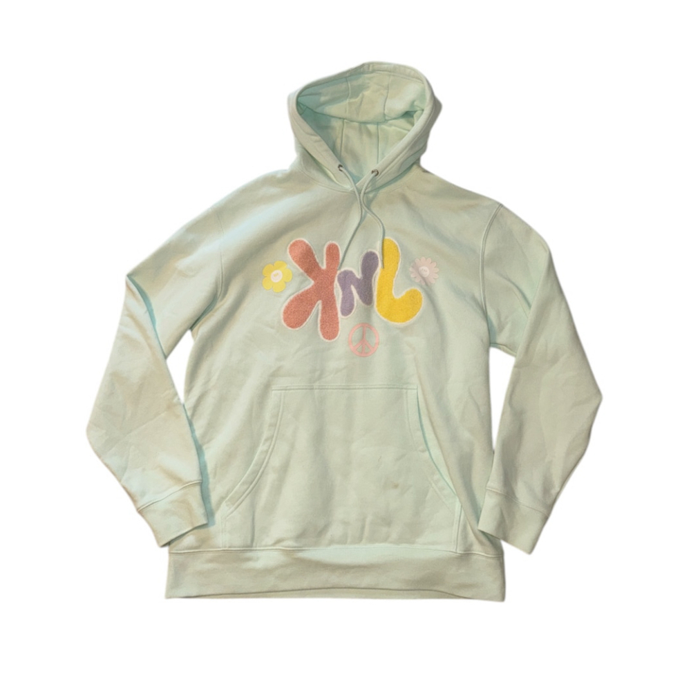 KNJ Embroidered Peace Out Light Blue Hoodie Super Soft Fleece Lined Size L